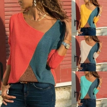 Fashion Contrast Color Long Sleeve Oblique V-neck T-shirt 