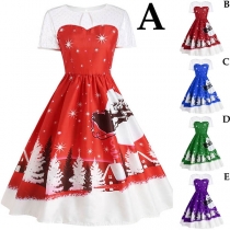 Fashion Short Sleeve Round Neck High Waist Printed Dress