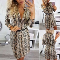 Fashion Serpentine Printed 3/4 Sleeve Stand Collar Shirt Dress with Waistband