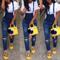 Fashion High Waist Slim Fit Ripped Denim Overalls