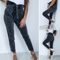 Fashion Elastic Waist Solid Color Slim Fit Pencil Ninth Pants