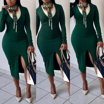 Fashion Deep V-neck Long Sleeve Slim Fit Slit Hemline Over-hip Dress