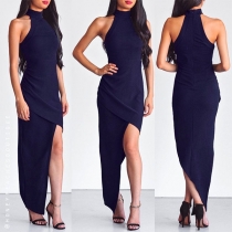 Sexy Solid Color Halter Sleeveless Slim Fit Oblique Hemline Over-hip Dress