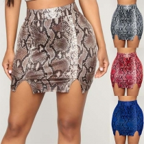 Fashion High Waist Slit Hem Serpentine Printed Skirt 
