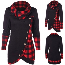 Fashion Plaid Spliced Long Sleeve Cowl Neck Irregular Hem Sweatshirt