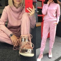 Fashion Solid Color Long Sleeve Turtleneck Sweater + Pants Knit Two-piece Set 