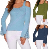 Sexy Off-shoulder Lace Spliced Trumpet Sleeve Solid Color T-shirt
