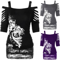 Snygg off-shoulder kortärmad T-shirt med tryck och slits