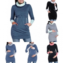Fashion Contrast Color Long Sleeve Cowl Neck Breastfeeding Sweatshirt