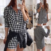 Fashion Long Sleeve POLO Collar Plaid Shirt Dress