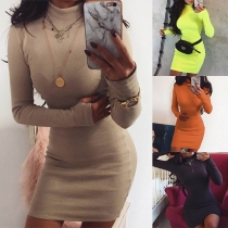 Simple Style Long Sleeve Mock Neck Solid Color Slim Fit Dress