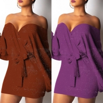 Sexy V-neck Lantern Sleeve Solid Color Slim Fit Knit Dress