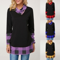 Fashion Plaid Spliced Long Sleeve Cowl Neck T-shirt