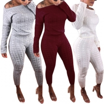 Fashion Solid Color Long Sleeve Round Neck Sweater + Pants Knit Two-piece Set