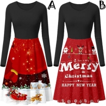 Fashion Long Sleeve Round Neck Printed Spliced Dress