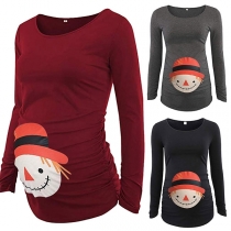 Cute Cartoon Printed Long Sleeve Round Neck Maternity T-shirt