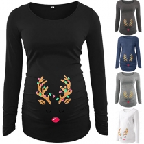 Långärmad gravid-T-shirt med sött horntryck och rund hals