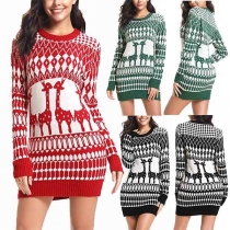 Cute Elk Printed Long Sleeve Round Neck Slim Fit Dress