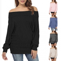 Sexy Off-shoulder Boat Neck Long Sleeve Solid Color Sweatshirt