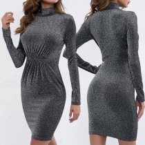 Fashion Long Sleeve mock Neck High Waist Slim Fit Dress