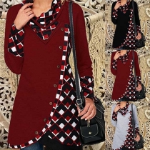 Fashion Contrast Color V-neck Oblique Buttons Plaid Spliced Long Sleeve Sweatshirt