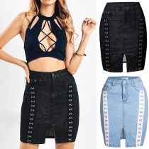 Retro Style High Waist Slim Fit Slit Hem Rivets Denim Skirt