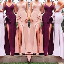 Sexy Backless V-neck Slit Hem High Waist Sleeveless Party Dress