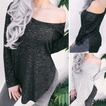 Fashion Solid Color Long Sleeve Round Neck Slit Hem T-shirt 