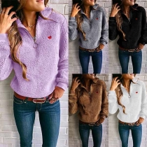 Fashion Heart Embroidery Long Sleeve Stand Collar Plush Sweatshirt 