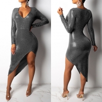 Sexy Deep V-neck Irregular Hem Long Sleeve Slim Fit Dress