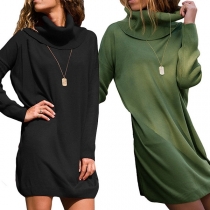 Fashion Solid Color Long Sleeve Turtleneck Knit Dress