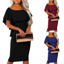 Elegant Solid Color Slim Fit Ruffle Party Dress