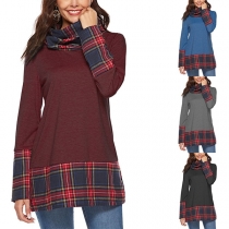 Fashion Plaid Spliced Long Sleeve Mock Neck T-shirt 