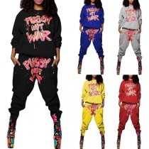 Fashion Letters Printed Long Sleeve Round Neck Casual Sports Suit