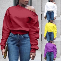 Sexy Oblique Shoulder Long Sleeve Solid Color Top