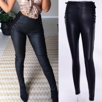 Fashion Lace-up High Waist Slim Fit PU Leather Pants