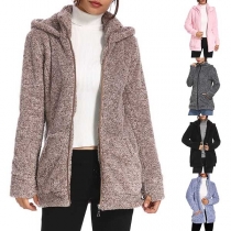 Fashion Solid Color Long Sleeve Hooded Plush Sweatshirt Coat