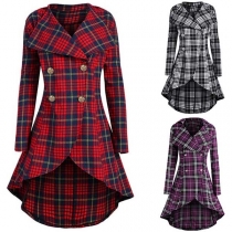 Fashion Long Sleeve Double-breasted High-low Hem Plaid Dress