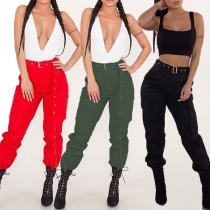 Fashion Solid Color High Waist Side Pockets Casual Pants