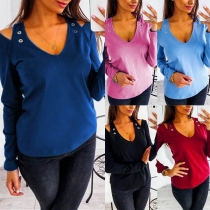 Sexy Off-sshoulder Long Sleeve V-neck Solid Color T-shirt