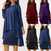 Fashion Lace Spliced Long Sleeve Round Neck Irregular Dress