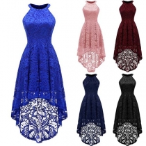 Sexy Off-shoulder Sleeveless Round Neck High-low Back Length Lace Dress