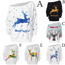 Sexy Oblique Shoulder Long Sleeve Elk Printed Sweatshirt