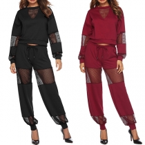Sexy Hollow Out Gauze Spliced Long Sleeve Sweatshirt + Pants Two-piece Set