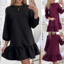 Fashion Solid Color Lantern Sleeve Round Neck Ruffle Hem Dress