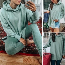 Fashion Solid Color Long Sleeve Slit Hem Casual Hoodie