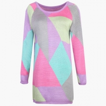 Fashion Contrast Color Long Sleeve Round Neck Slim Fit Sweater