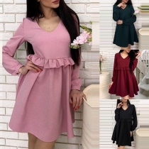 Elegant Solid Color Long Sleeve V-neck Loose Dress