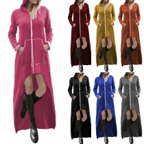 Fashion Solid Color Long Sleeve High-low Hem Hooded Sweatshirt Coat 