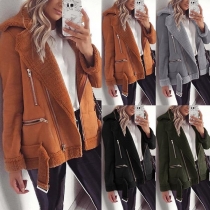 Fashion Solid Color Long Sleeve Oblique Zipper Plush Lining Jacket